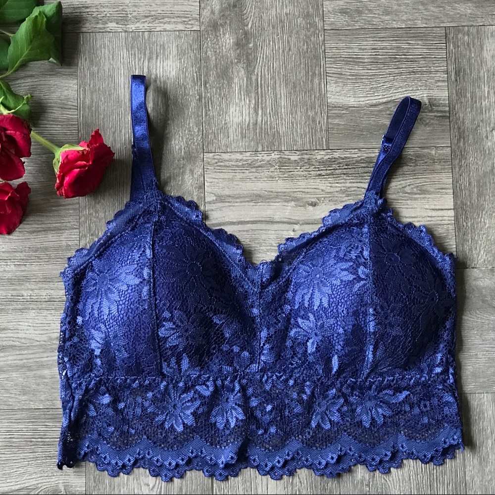 Blue padded lace bralette wire free bra